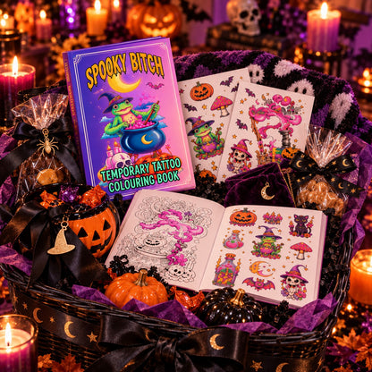 The spooky tattoo coloring book styled inside a Halloween Boo Basket