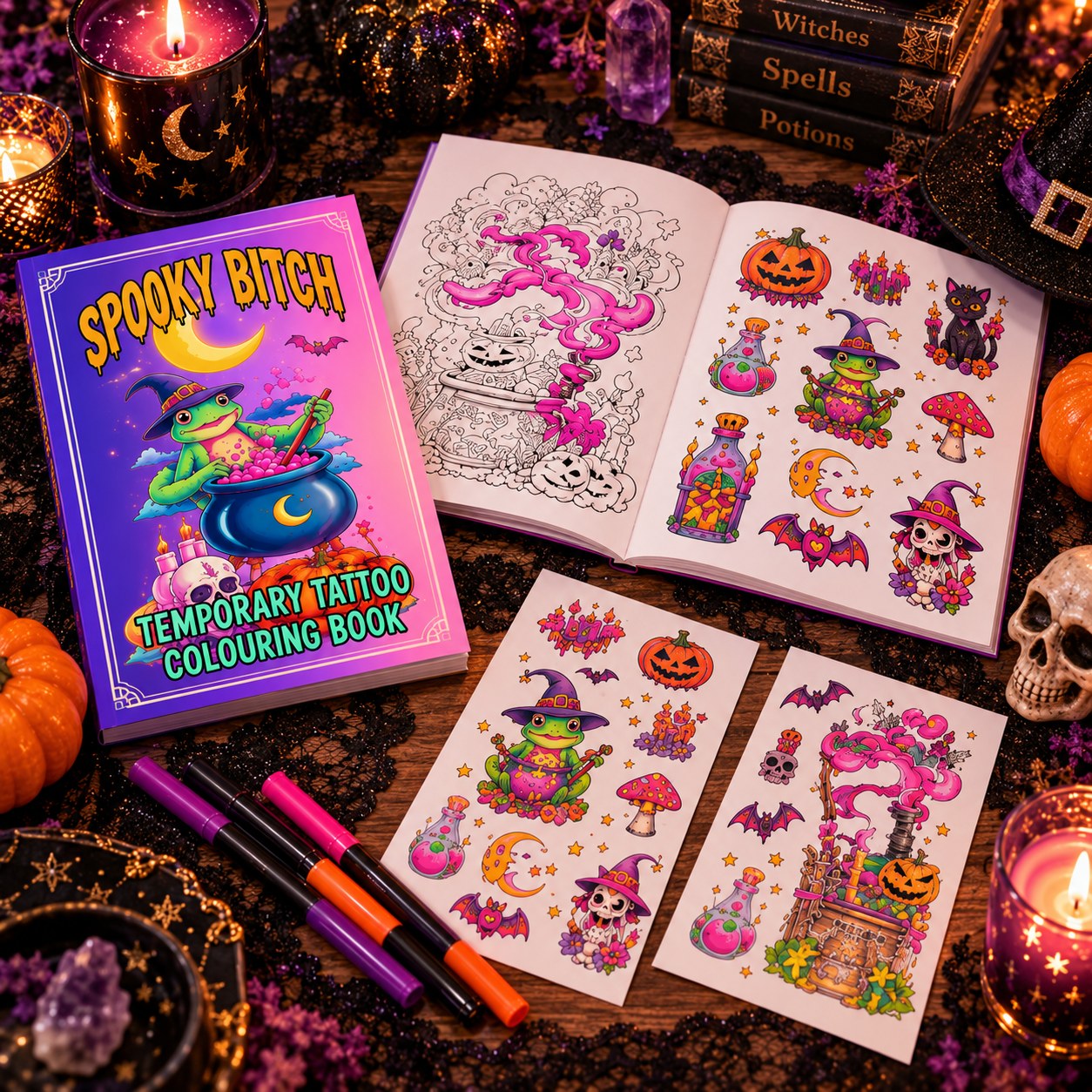 Flat lay detail shot of the spooky tattoo coloring book and finished designs