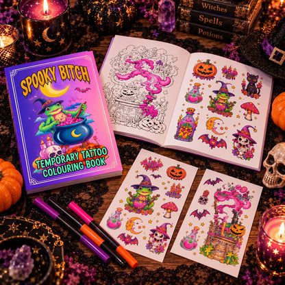 Flat lay detail shot of the spooky tattoo coloring book and finished designs