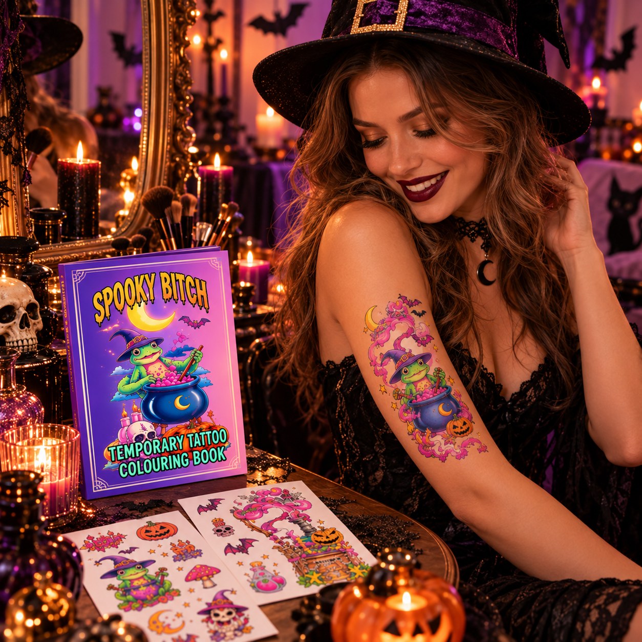 Model showing the wearable spooky temporary tattoo next to the coloring book