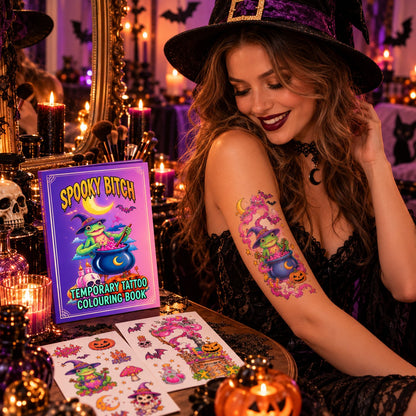 Model showing the wearable spooky temporary tattoo next to the coloring book