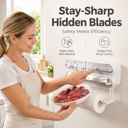 🧲50% OFF NOW! 3-in-1 Magnetic Kitchen Wrap Dispenser – Built-in Cutter Plastic Wrap Foil Dispenser with Paper Towel Holder, No Drilling Wall Mount Kitchen Organizer for Fridge & Cabinet