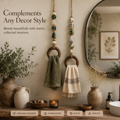 🏡 Decoratieve Handdoekhanger met Kralen & Houten Ring