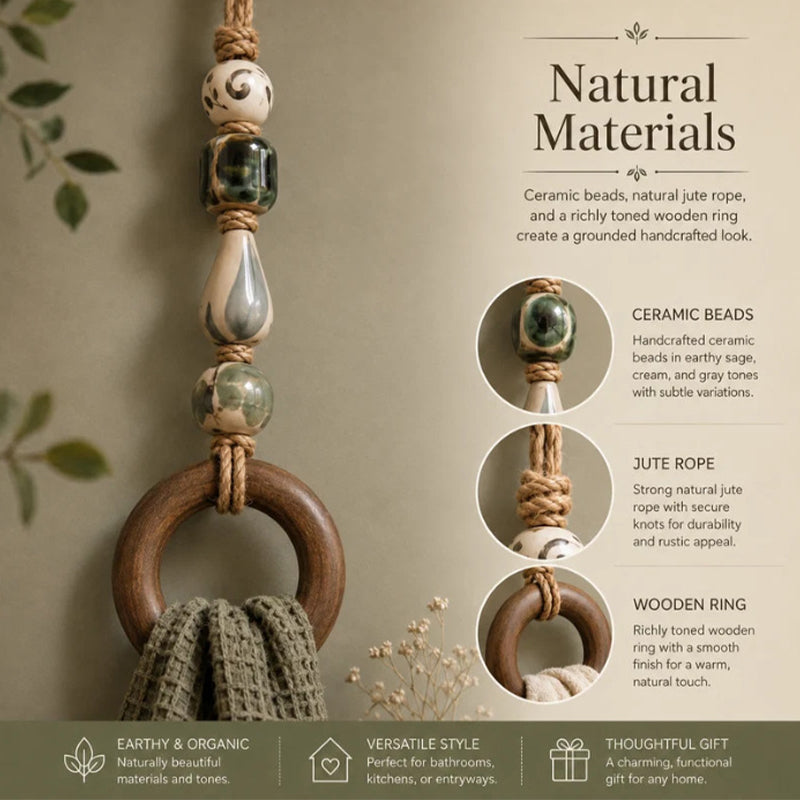 🏡 Decoratieve Handdoekhanger met Kralen & Houten Ring