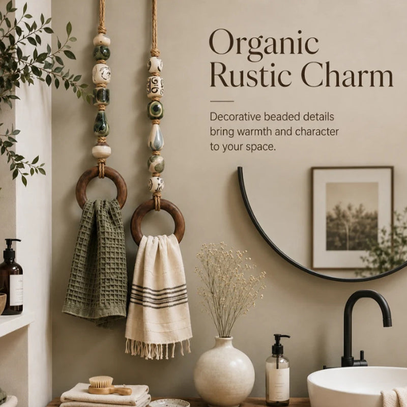 🏡 Decoratieve Handdoekhanger met Kralen & Houten Ring