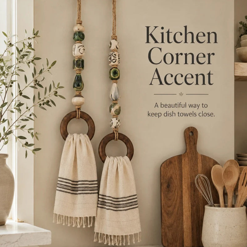 🏡 Decoratieve Handdoekhanger met Kralen & Houten Ring