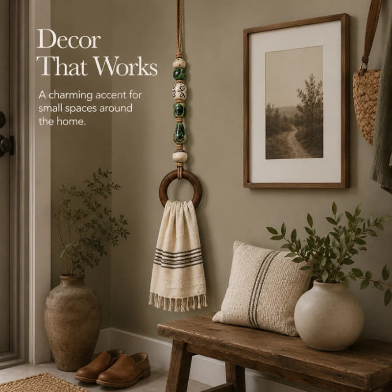 🏡 Decoratieve Handdoekhanger met Kralen & Houten Ring