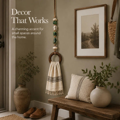 🏡 Decoratieve Handdoekhanger met Kralen & Houten Ring