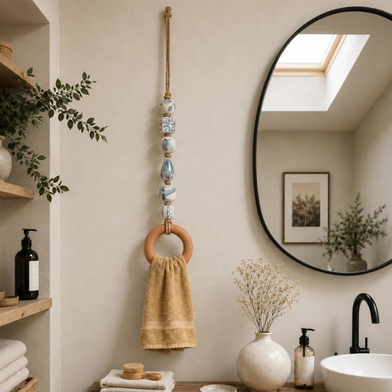 🏡 Decoratieve Handdoekhanger met Kralen & Houten Ring