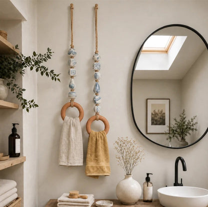 🏡 Decoratieve Handdoekhanger met Kralen & Houten Ring