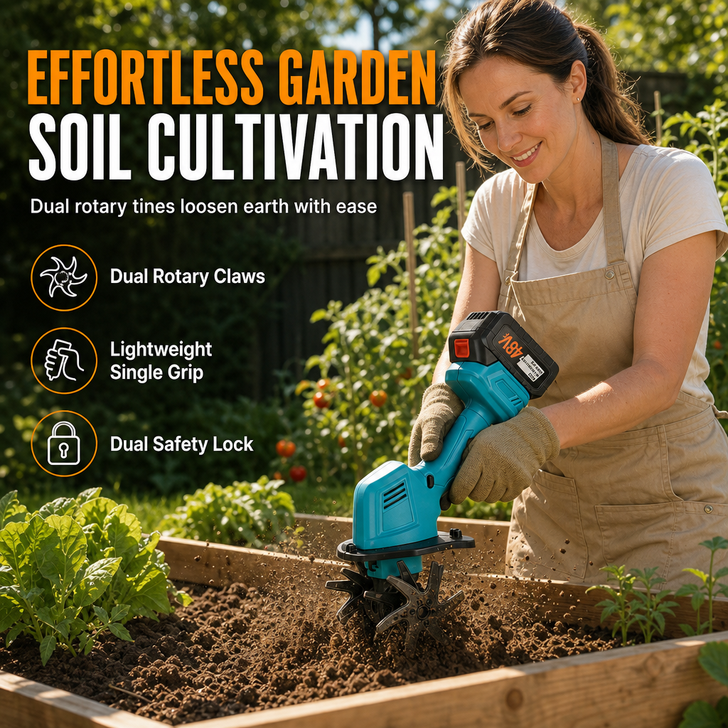 🌱 50% OFF NOW! 🔋 Cordless Mini Tiller – 21V Lithium Battery, Manganese Steel Blades & Ergonomic Grip – Portable Garden Soil Loosener & Weeder 🏡