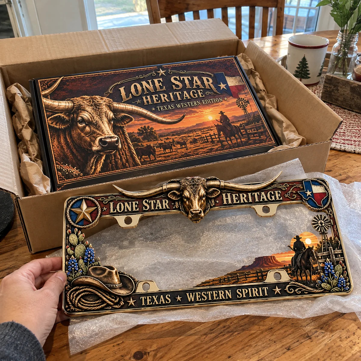 🐂 Texas Longhorn Western Metal License Plate Frame – Vintage Cowboy & Lone Star Ranch Gift 🤠
