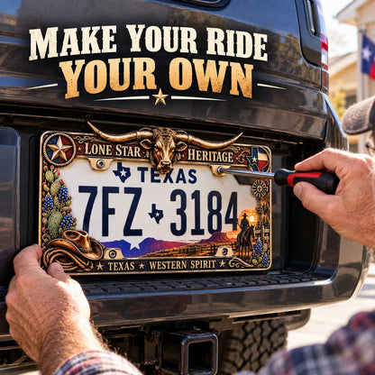 🐂 Texas Longhorn Western Metal License Plate Frame – Vintage Cowboy & Lone Star Ranch Gift 🤠