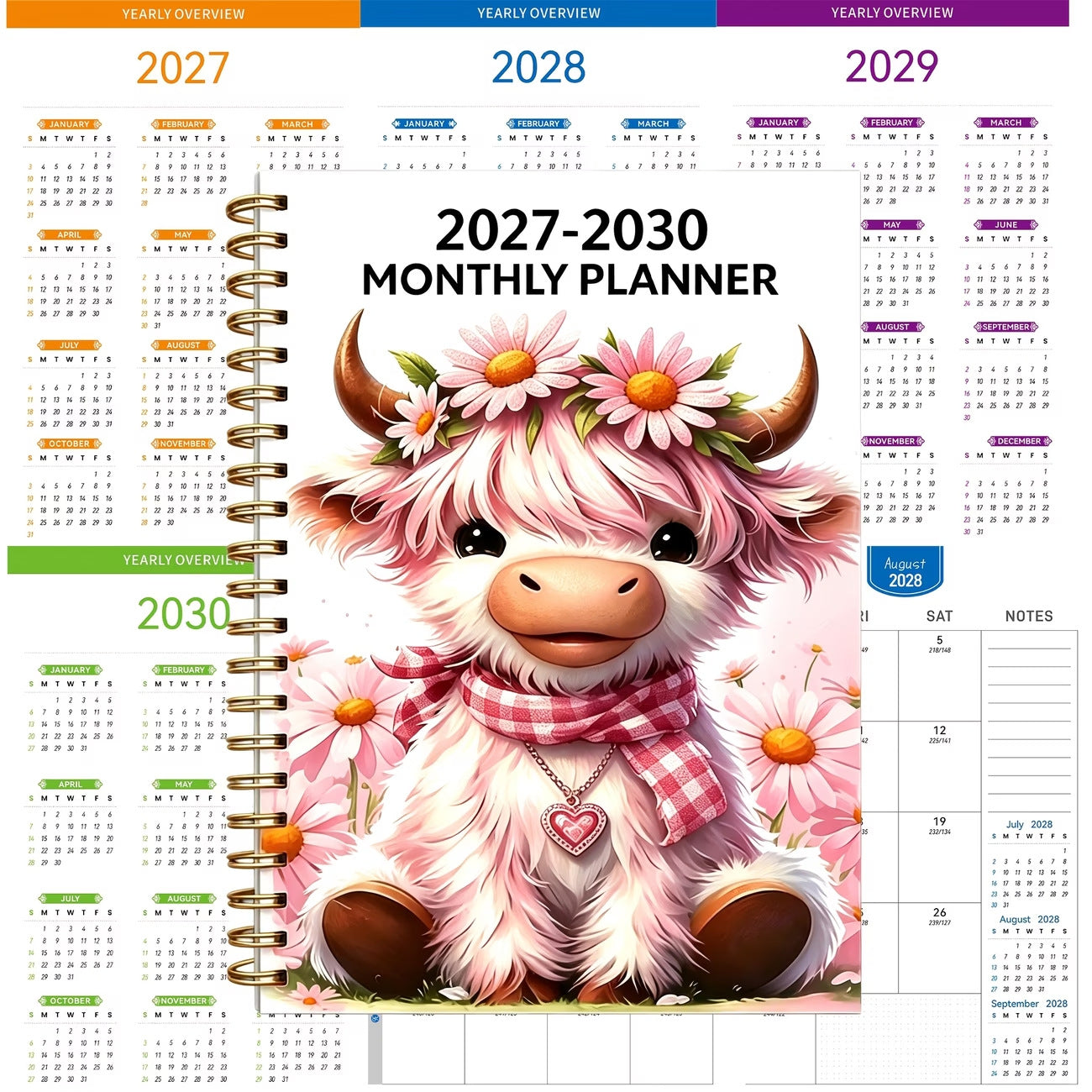 Pink Daisy Cow 2027–2030 monthly planner
