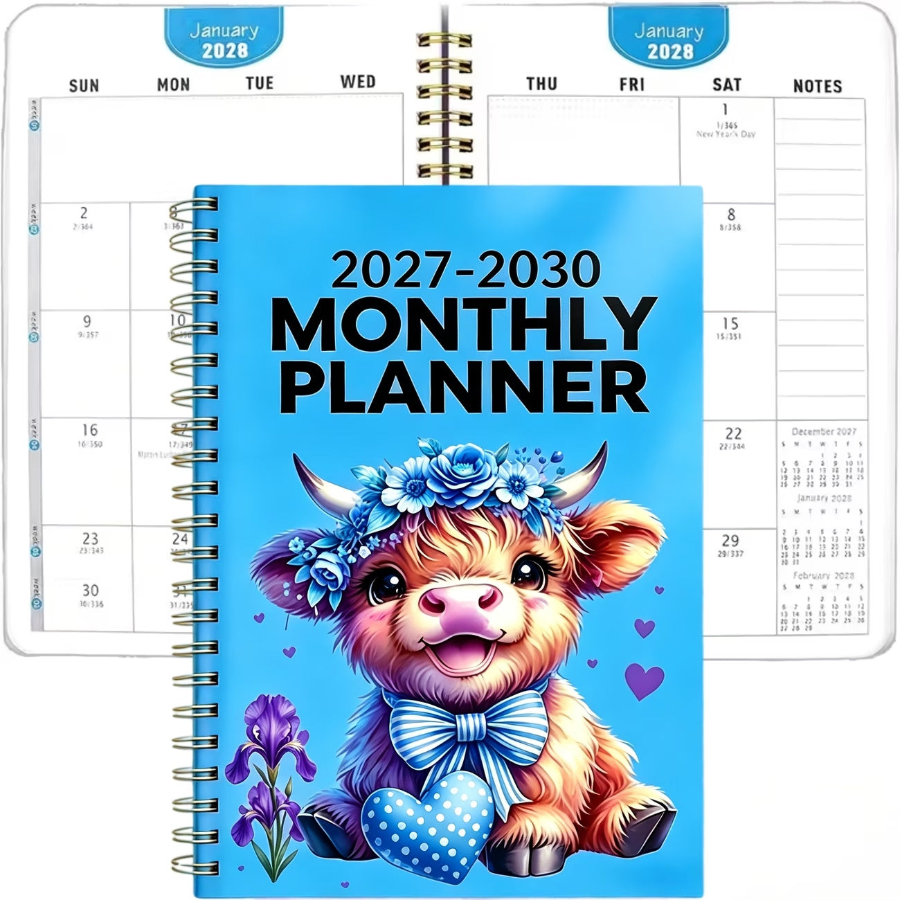 Sky Blue Bow Cow 2027–2030 monthly planner