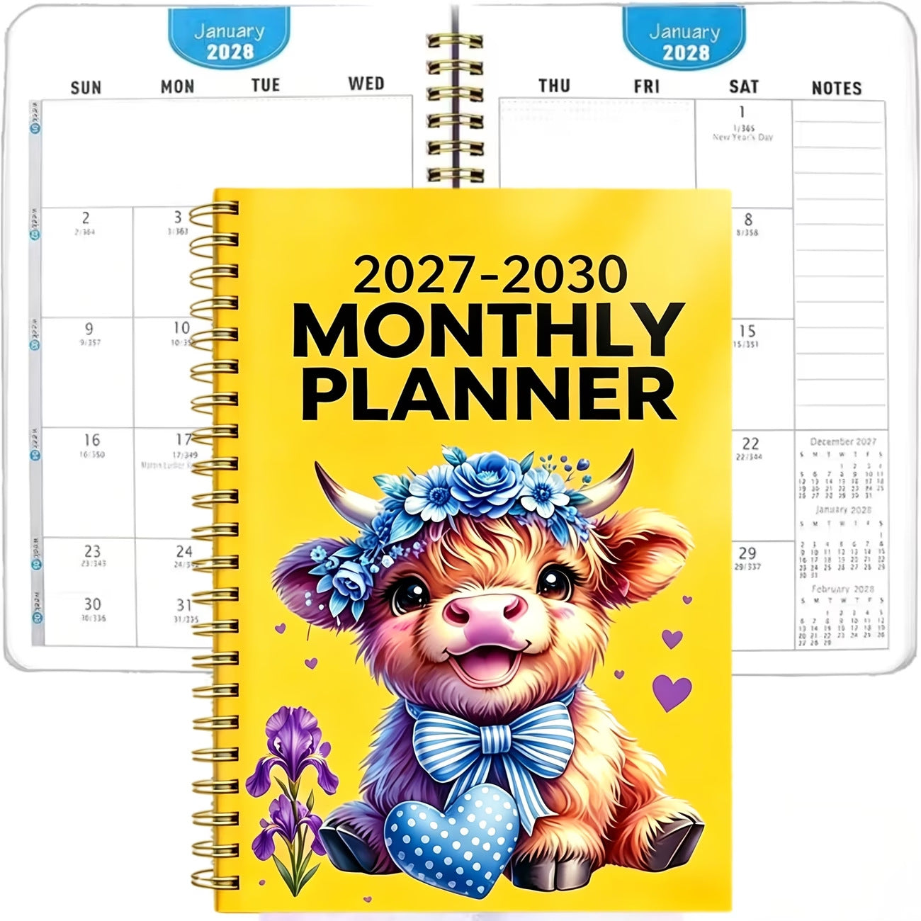 Sunshine Yellow Bow Cow 2027–2030 monthly planner