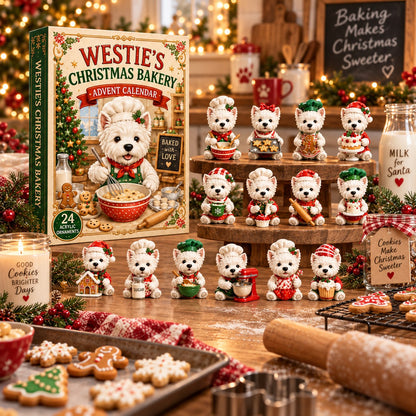 Westie bakery collection displayed in a festive Christmas kitchen