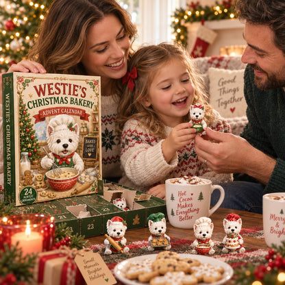 Child holding a newly revealed Westie bakery Christmas figure