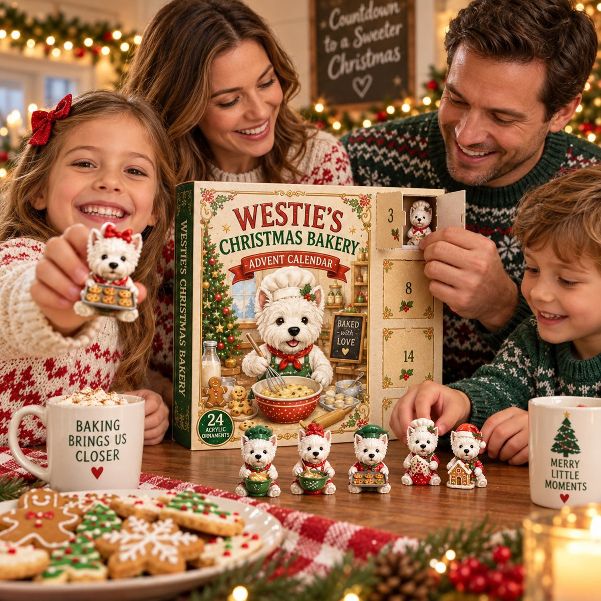 Family opening the Westie Christmas Bakery Advent Calendar together