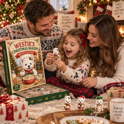 Parents and child enjoying a Westie Advent Calendar Christmas reveal